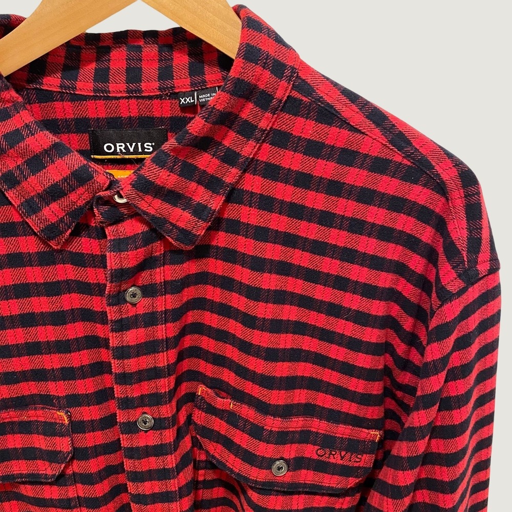 Orvis Mens XXL Red Black Buffalo‎ Check Flannel Button Down Active Fit Shirt